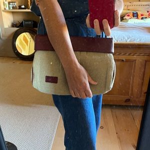 Vintage Sasson clutch bag purse burgundy Leather and Jute or Linen 1980’s